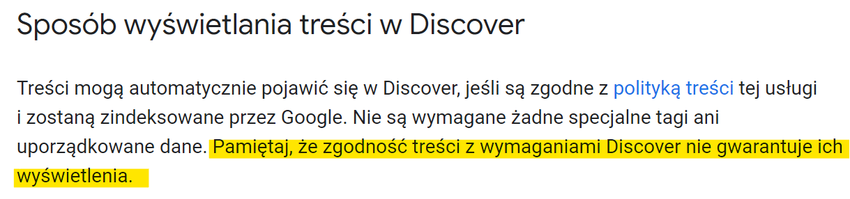 Oficjalna informacja Google na temat wyświetlania treści w Discover (zrzut ekranu)