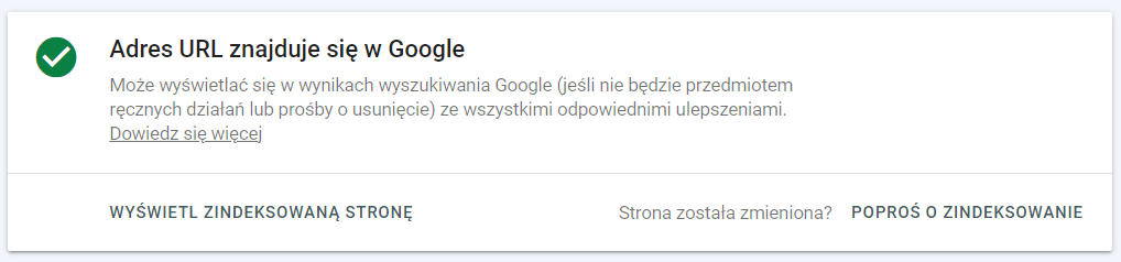 Google Search Console – informacja o poprawnym zindeksowaniu adresu URL (zrzut ekranu)