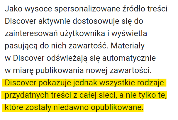 Centrum Wyszukiwarki Google – informacja na temat rodzaju treści w Google Discover (zrzut ekranu)